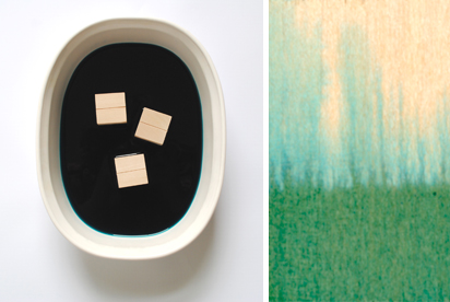 Making a warm dye bath: soaking the wood blocks.